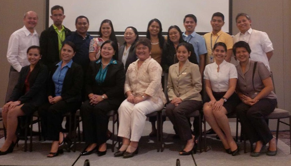 Seated left to right Sharika Tabares of Waterfront - Auditor, Gina Santos of Park Inn by Radisson - Treasurer, Rosemarie Grasparil of St. Mary's College of Tagum - VP, Rachel Guinan of Big 8 Corporate Hotel - President of AHRM Davao Chapter, Natasha Villanueva of SEDA Abreeza Hotel as Secretary, Paula Subido of Microtel as PRO and Julie Ann Legaspi of Phil. Womens College Davao as Director. Standing far left is Vic Alcuaz , President of AHRM Manila, far right is Andre Alip - VP AHRM Manila and Angie Blanco - Secretary of AHRM Manila, 4th from right.